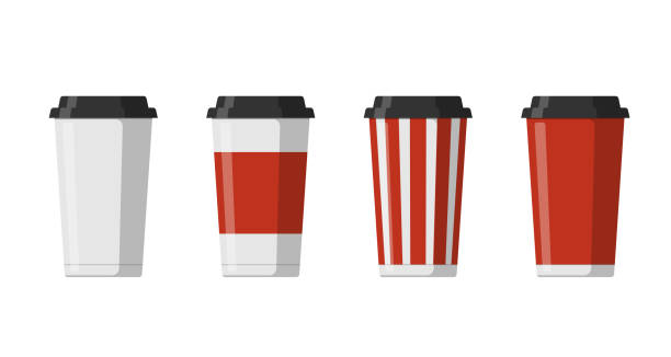 illustrazioni stock, clip art, cartoni animati e icone di tendenza di set di bicchieri per bevande in carta usa e getta per caffè, moka, latte o cappuccino con coperchio nero. bianco bianco, grande rosso, cartone a righe bevande analcoliche imballaggio raccolta vettoriale illustrazione piatta - tazza da caffè