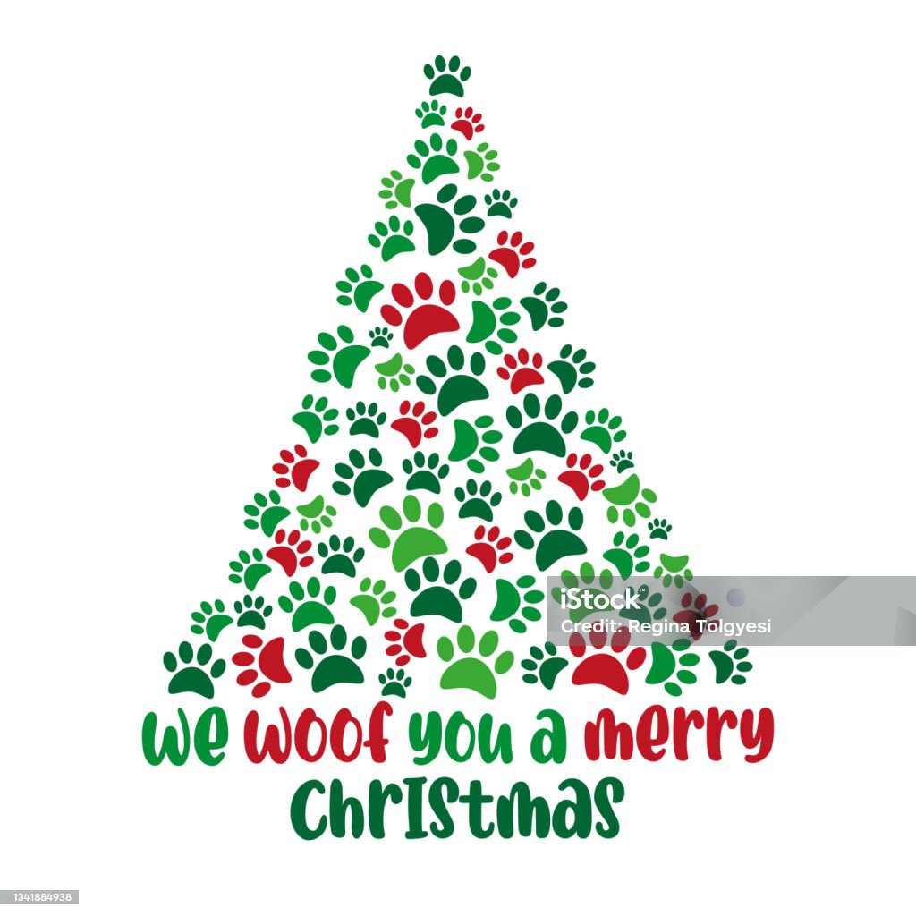 we woof you a merry christmas funny greeting and paw print christmas tree we woof you a merry christmas funny greeting and paw print