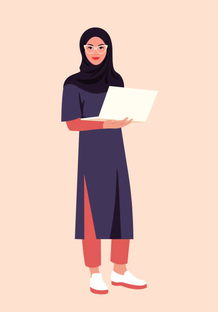 illustrazioni stock, clip art, cartoni animati e icone di tendenza di ritratto di una donna musulmana con un computer portatile. lo studente arabo si trova a tutta altezza. - hijab