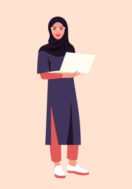 stockillustraties, clipart, cartoons en iconen met portrait of a muslim woman with a laptop. the arabian student stands at full height. - hoofddoek