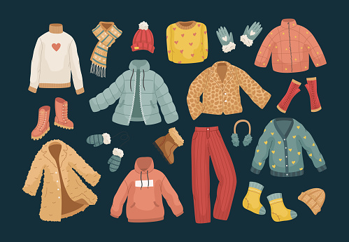 The vector set of winter clothes. Coats, hats, gloves, shoes and socks.