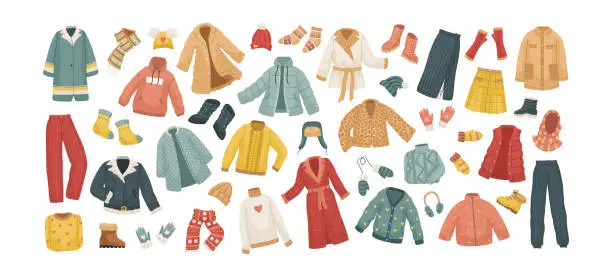 Vector illustration of The vector set of winter clothes. Coats, hats, gloves, shoes and socks.