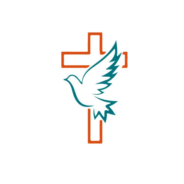 Vector illustration of Happy Easter. White flying dove with olive branch and cross. Vector illustration.