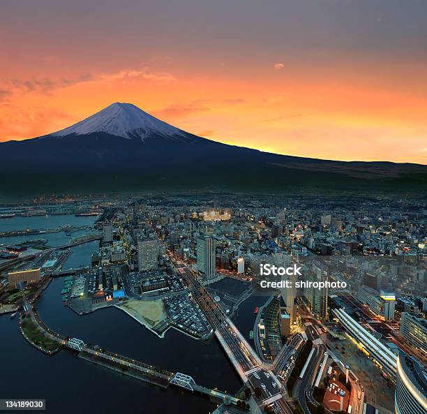 Surreal View Of Yokohama And Mt Fuji Stock Photo - Download Image Now - Building Exterior, Capital Cities, City