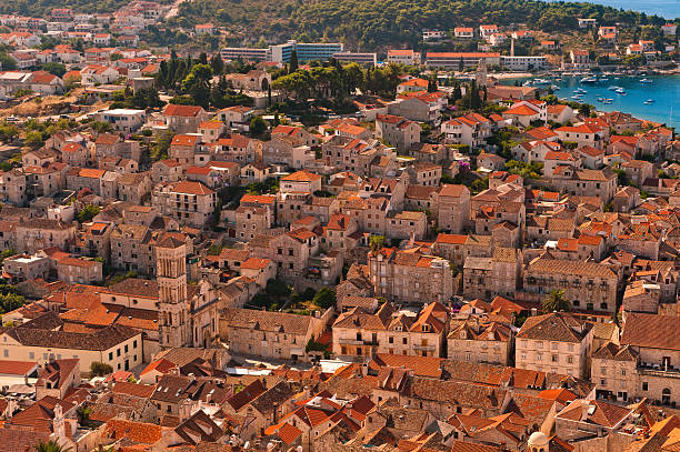 Old Adriatic island town Hvar, Croatia. High angle view. stock photo