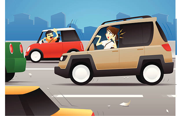 illustrazioni stock, clip art, cartoni animati e icone di tendenza di donna su telefono cellulare durante la guida - furious road rage driver road