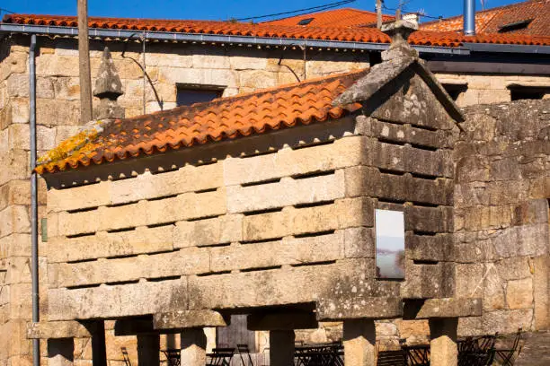 Stone traditional hórreo side view , rooftop, stone carvings, agricultural old storage compartment in Aldán, Cangas do Morrazo, Rías Baixas, Pontevedra province, Galicia, Spain