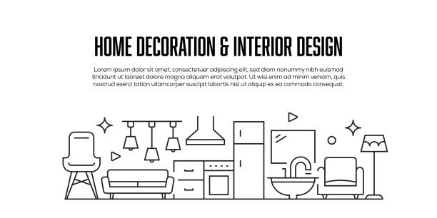 innenarchitektur und wohndekoration verwandte moderne linienstil banner design - teppichboden couch stock-grafiken, -clipart, -cartoons und -symbole
