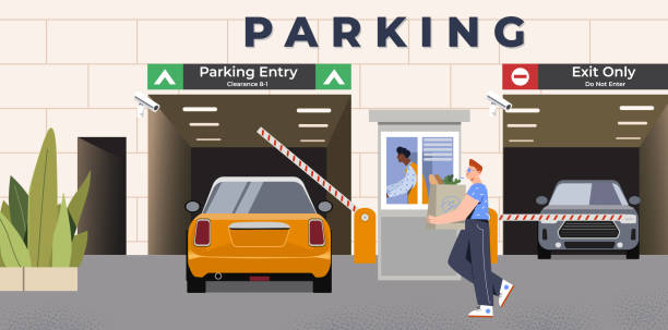 Car is driving through entrance with barrier on underground parking Car is driving through entrance with barrier on underground parking. Scene with male guard in booth opening gate to let driver to drive into parking lot. Flat cartoon vector illustration cartoon of the saying goodbye stock illustrations