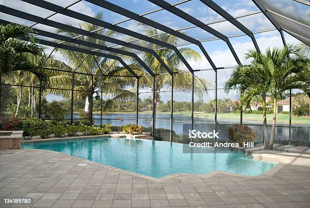 Backyard Pool With Window Panel And Ceiling Next To Lake Stock Photo - Download Image Now
