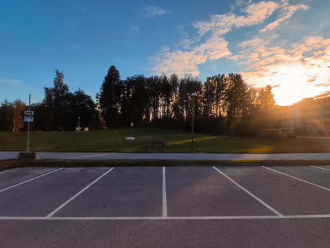 An empty parking lot in the suburbs of Europe