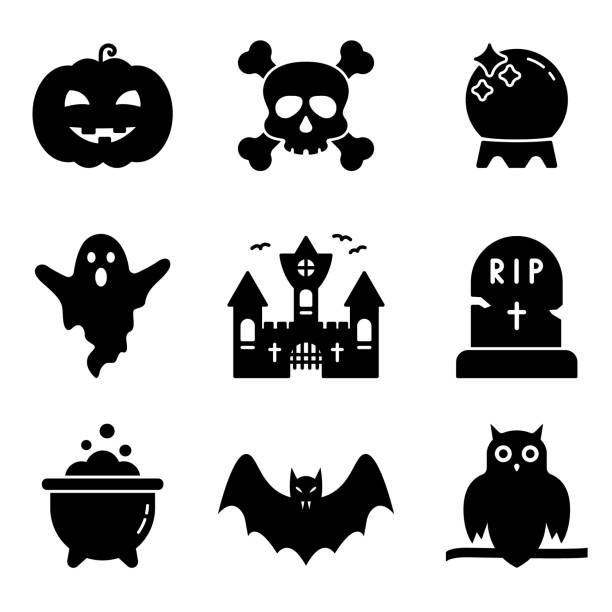 ilustrações de stock, clip art, desenhos animados e ícones de halloween spooky silhouette icon set. black pumpkin, bat, vampire, cauldron, grave, skull, castle ghost glyph pictogram. cute helloween set icon. isolated vector illustration - witch halloween cauldron bat