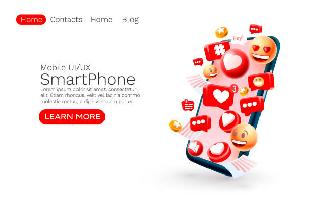Message with many icons, chat for communication of people, landing page. Vector Message with many icons, chat for communication of people, landing page. Vector illustration heart emoji phone stock illustrations