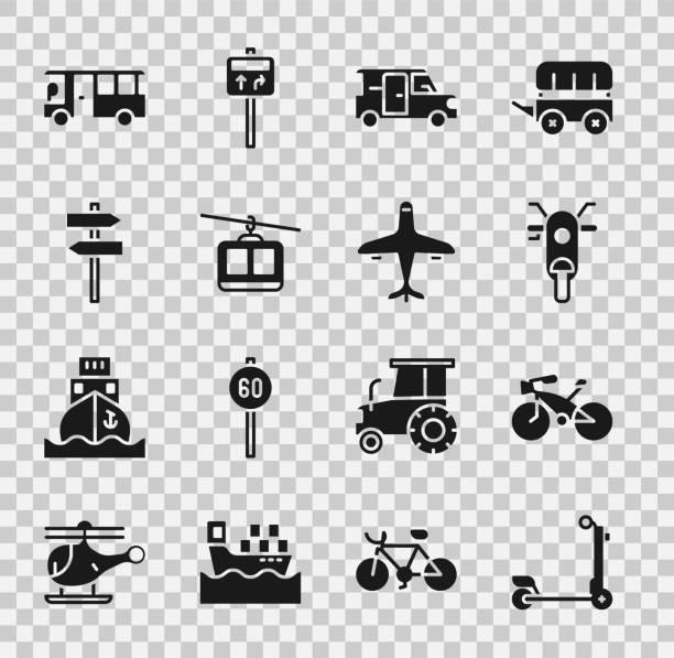 setzen sie roller, fahrrad, minibus, seilbahn, straßenverkehrsschild, bus und flugzeug symbol. vektor - airplane sea passage travel commercial airplane stock-grafiken, -clipart, -cartoons und -symbole