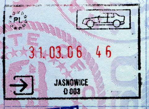 Passport stamp for Poland from the Jasnowice border crossing.