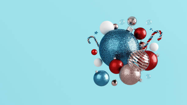 istock Colorful Modern Christmas Ornaments And Candy Canes. New Year Abstract Concept. Empty Space For Text - 3D Illustration 1341901932