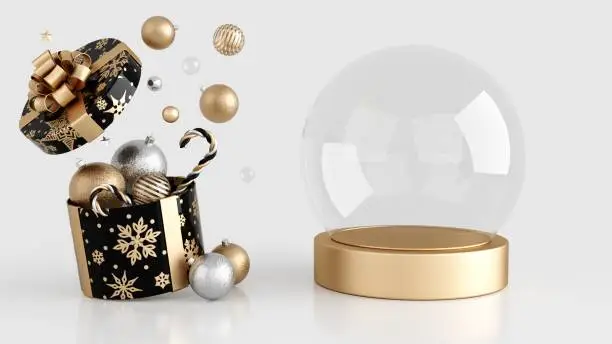 3D Christmas Golden And Silver Ornaments, Balls And Candy Canes Falling Out Of Black Gift Box With Golden Snow Globe Isolated On White Background. Empty Space.