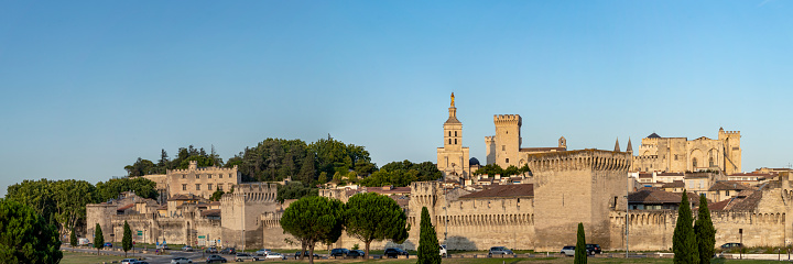 Avignon, France - July, 2021 : Panoramic view on the Avignon medieval city with historical walls and other touristic landmarks, UNESCO World Heritage Site : Historic Centre of Avignon