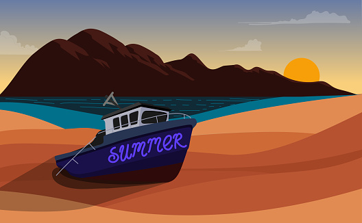 Vector background of summer beach with sunset ,old shipwrecks,sea landscape.