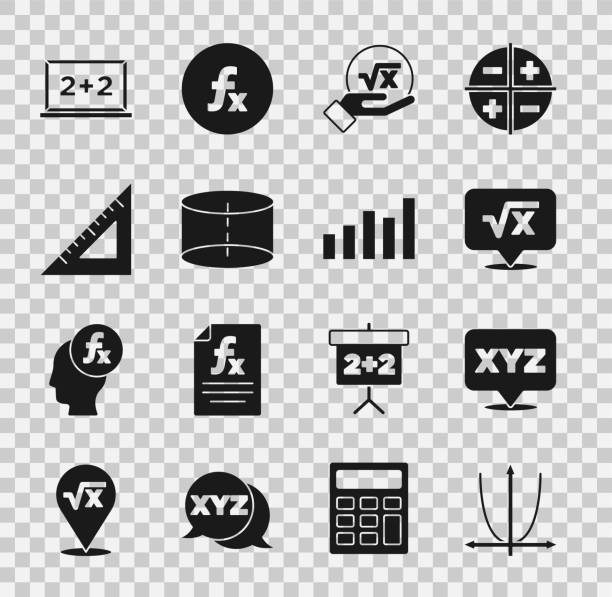 ilustrações de stock, clip art, desenhos animados e ícones de set graph, schedule, chart, diagram, xyz coordinate system, square root of x glyph, geometric figure cylinder, triangular ruler, chalkboard and icon. vector - cylinder chart graph three dimensional shape