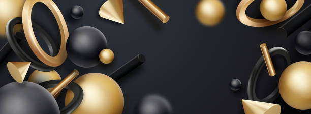 istock Black and golden geometric shapes objects on dark background. Flowing realistic geometry elements. Spheres, cones and other geometric shapes 1341906394