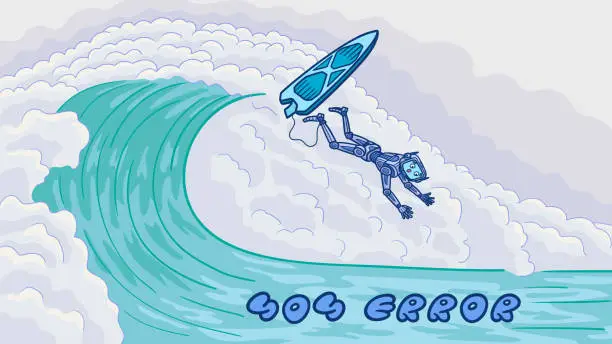 Vector illustration of The template for the web page error 404. The robot surfer failed and fell off the wave.