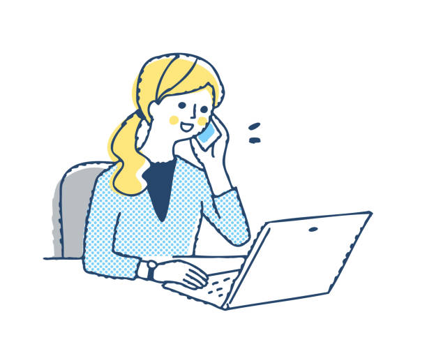 kobieta wykonująca rozmowę telefoniczną podczas pracy przy biurku - young adult white background business person entrepreneur stock illustrations