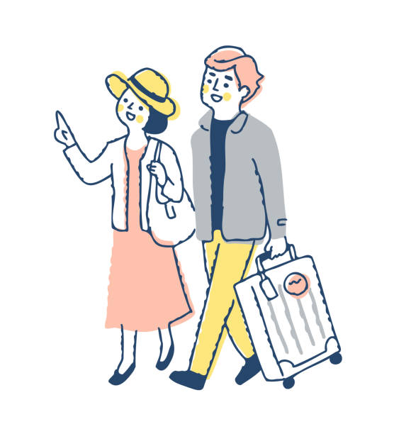 Couple walking enjoying a trip Travel, pointing, smiling, traveling, sightseeing, leisure, couple, hit the road stock illustrations