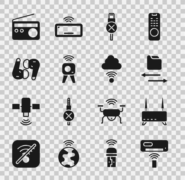 ilustrações de stock, clip art, desenhos animados e ícones de set air conditioner, router and wi-fi signal, transfer files, no usb cable cord, web camera, headphones, radio and network cloud connection icon. vector - input device usb cable sharing symbol