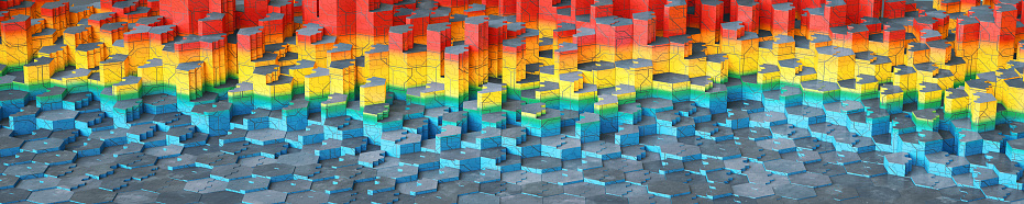 Front view on a large colorful honeycomb structure, made out of varied hexagon shapes. Ultrawide horizontal composition.