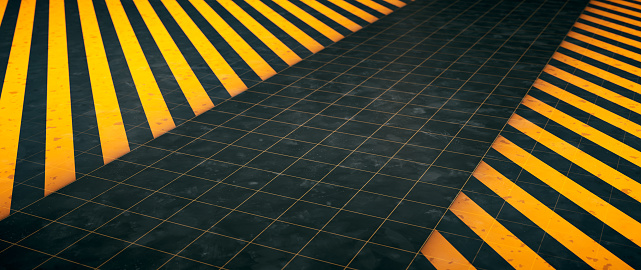 Close-up on an artificial orange surface background with a striped pattern, a grid and diminishing perspective. Wide horizontal composition.