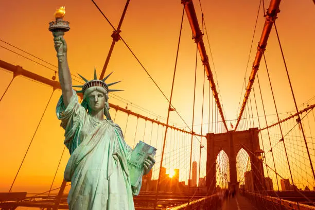 Liberty Statue and Brooklyn bridge New York American Symbols USA photomount
