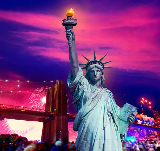 Liberty Statue and Brooklyn bridge on july 4 th fireworks New York America photomount