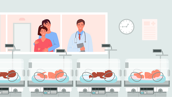 Preterm baby incubators, neonatologist and happy parents standing in hospital ward