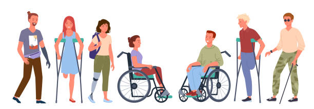 ilustrações, clipart, desenhos animados e ícones de deficientes deficientes definidos, homem sorridente pacientes deficientes em pé na fila - disablement