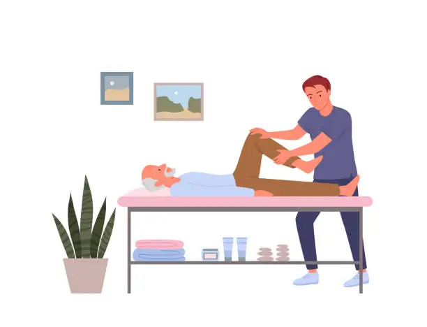 Vector illustration of Rehabilitation for elderly people, doctor doing massage, recovery exercise with old man