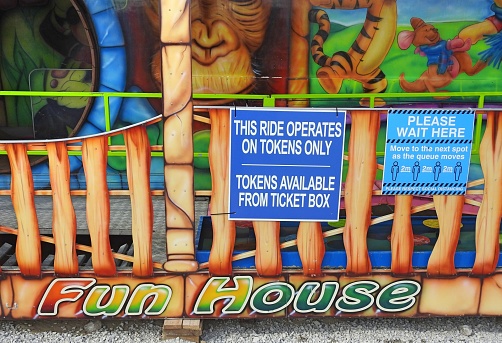 5th September 2021, Drogheda, County Louth, Ireland. Funhouse ride signage at an outdoors public funfair at Matthews Lane, Drogheda.