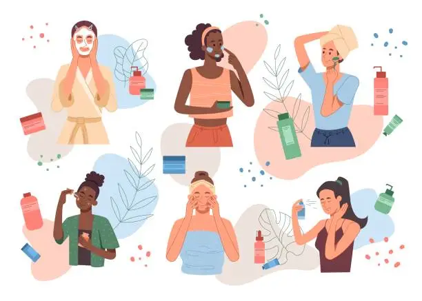 Vector illustration of Set of diverse female characters are applying cleansing and skincare products on white background