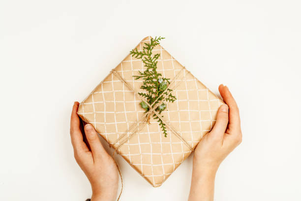 istock Wrapped Christmas gift in woman hands above white background 1341919308
