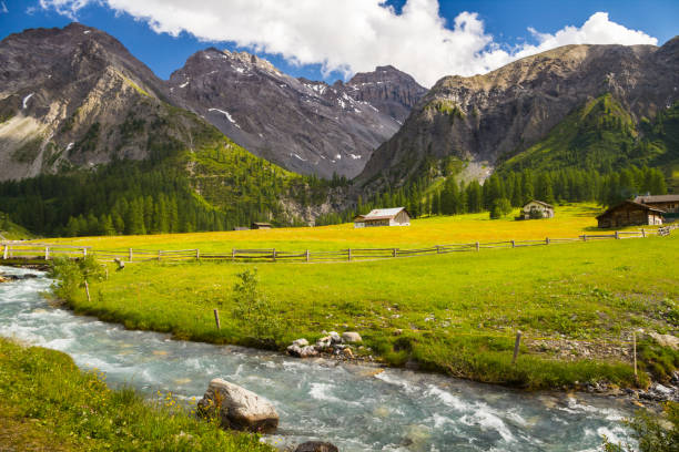 paisagem montanhosa com vale maravilhoso - davos switzerland summer mountain - fotografias e filmes do acervo