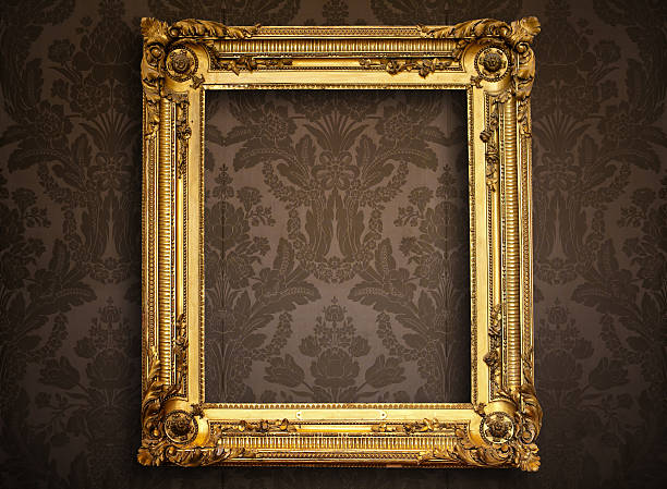 istock Empty golden painting frame on vintage wallpaper 134192042