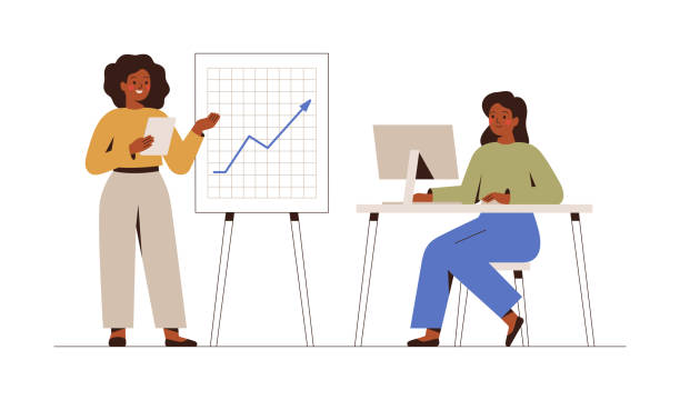 Businesswomen work together on a project in the office. Colleagues discuss strategic with each other. Female entrepreneurs during brainstorming. Businesswomen work together on a project in the office. Colleagues discuss strategic with each other. Female entrepreneurs during brainstorming. Effective and productive teamwork. Vector illustration computer presentation stock illustrations