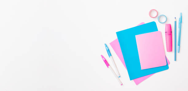 istock Flat lay frame with school and office supplies on a white background 1341922707