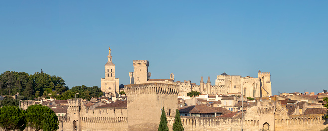 Panoramic view on the Avignon medieval city with historical walls and other touristic landmarks, UNESCO World Heritage Site : Historic Centre of Avignon: Papal Palace, Episcopal Ensemble, France, Europe