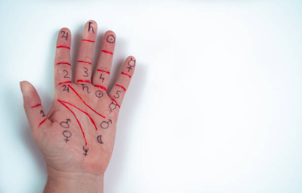 istock Left hand palm with drawn symbols of the Cabala. 1341925995