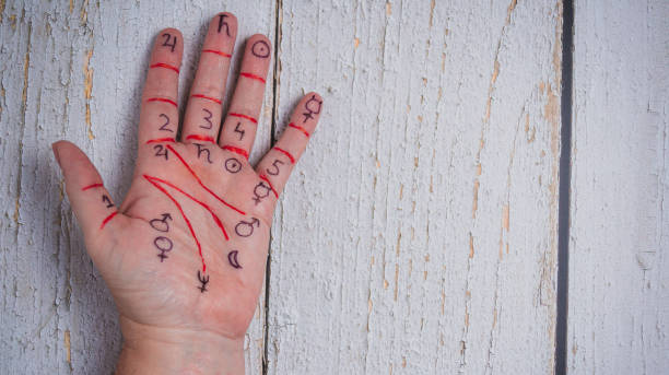 istock Left hand palm with drawn symbols of the Cabala. 1341925997
