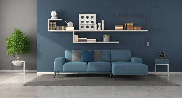 istock Blue modern living room with shelves, books and decor objects 1341926059
