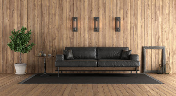 istock Wooden room with retro black sofa 1341926206