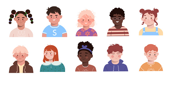 Set of children portrait avatars on white background. Collection of smiling faces of school boys and girls with different hairstyles, skin colors and ethnicities. Flat cartoon vector illustration