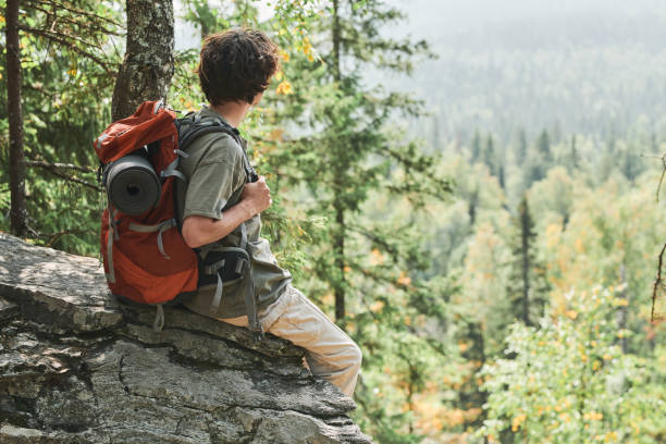 istock Young traveller with backpack sitting on stone at mountain and looking at forest 1341926897